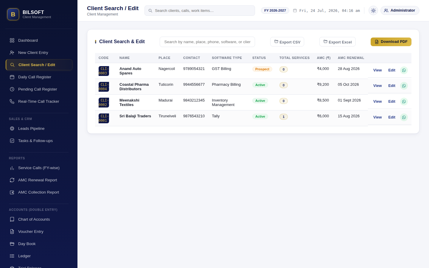 CRM client search and edit list