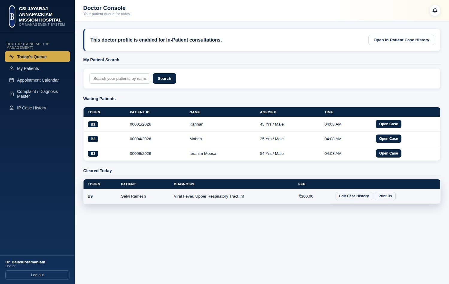 Doctor console showing today's patient queue