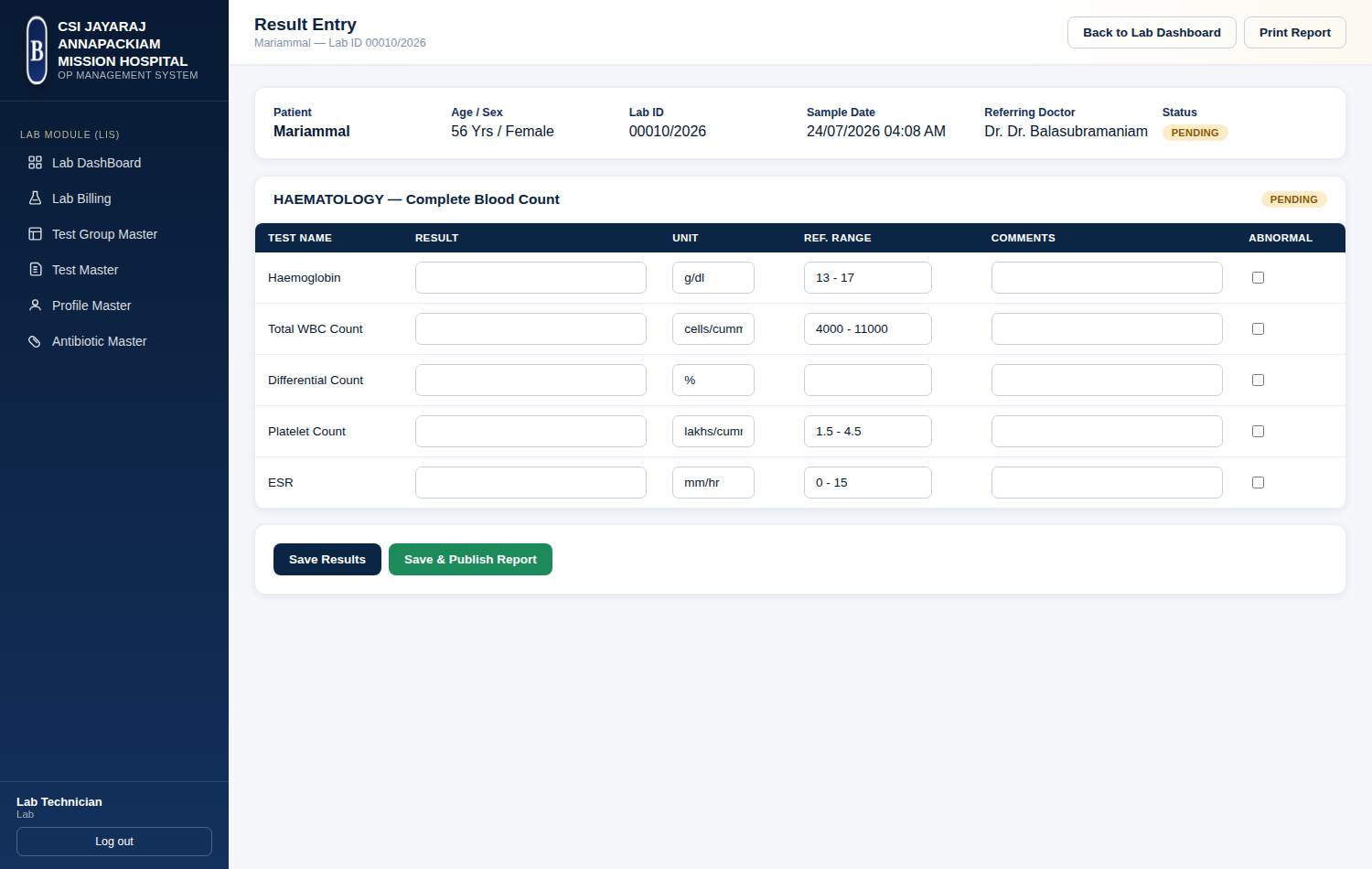 Lab result entry screen for haematology tests