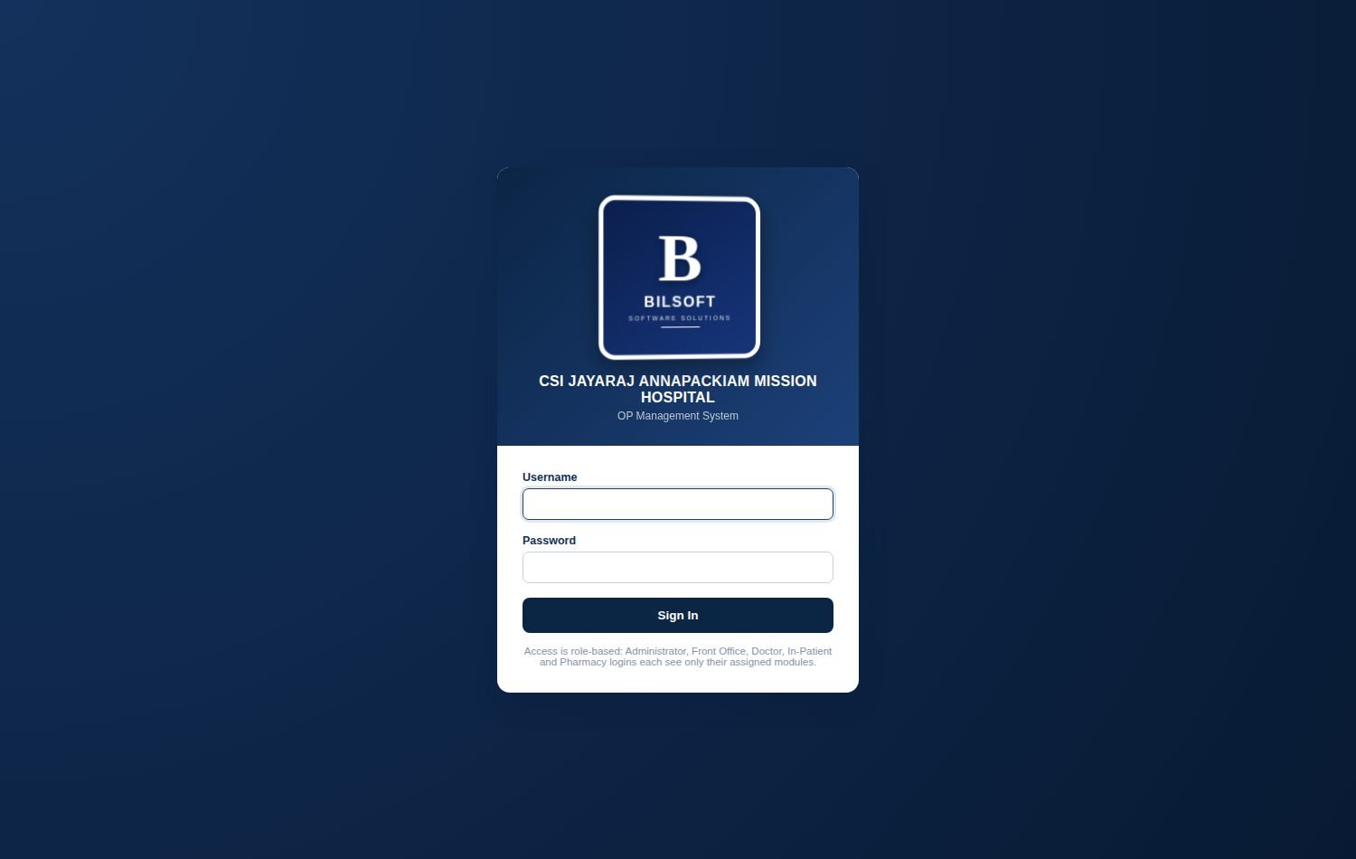 Bilsoft HMS sign-in screen